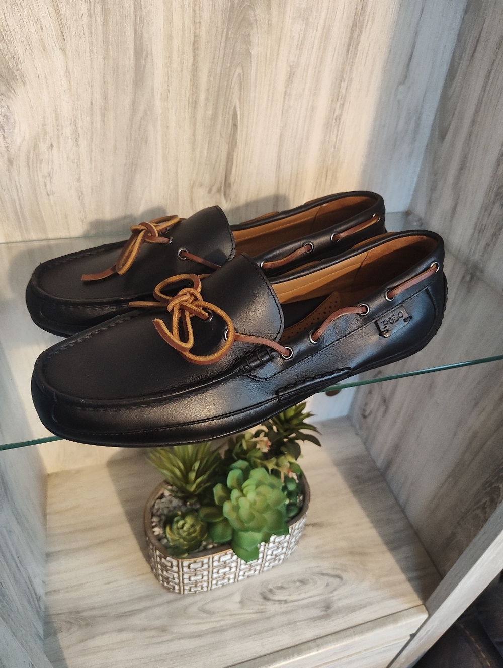 Polo Ralph Lauren Men's Black Leather Driving Loafers with Brown Laces SZ 9 New
